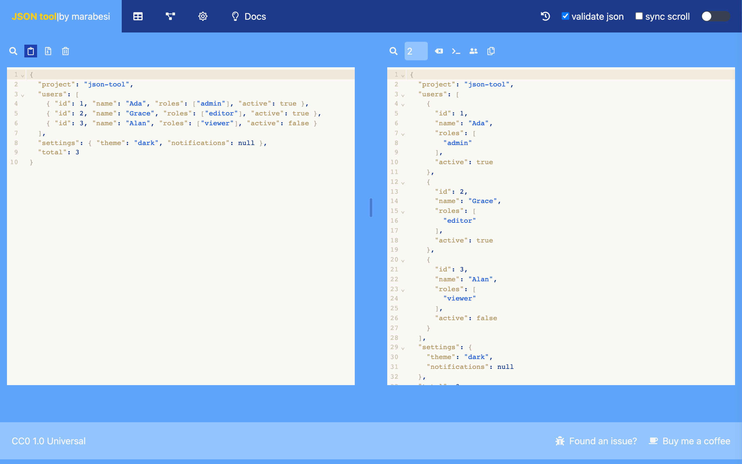 Home: the working editor on the left and the formatted result on the right